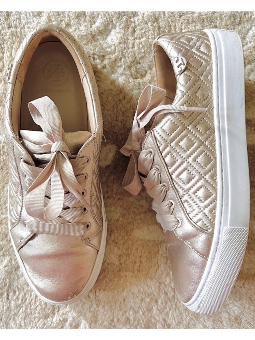 Tory Burch Marion Metallic Rose Gold Quilted Low-Top Sneakers Size 7.5